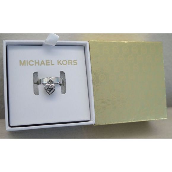Michael Kors MKJX78890406 Sz 6 Silver-Tone "MK" Dangle Heart & Pave Stone Ring - Picture 1 of 14